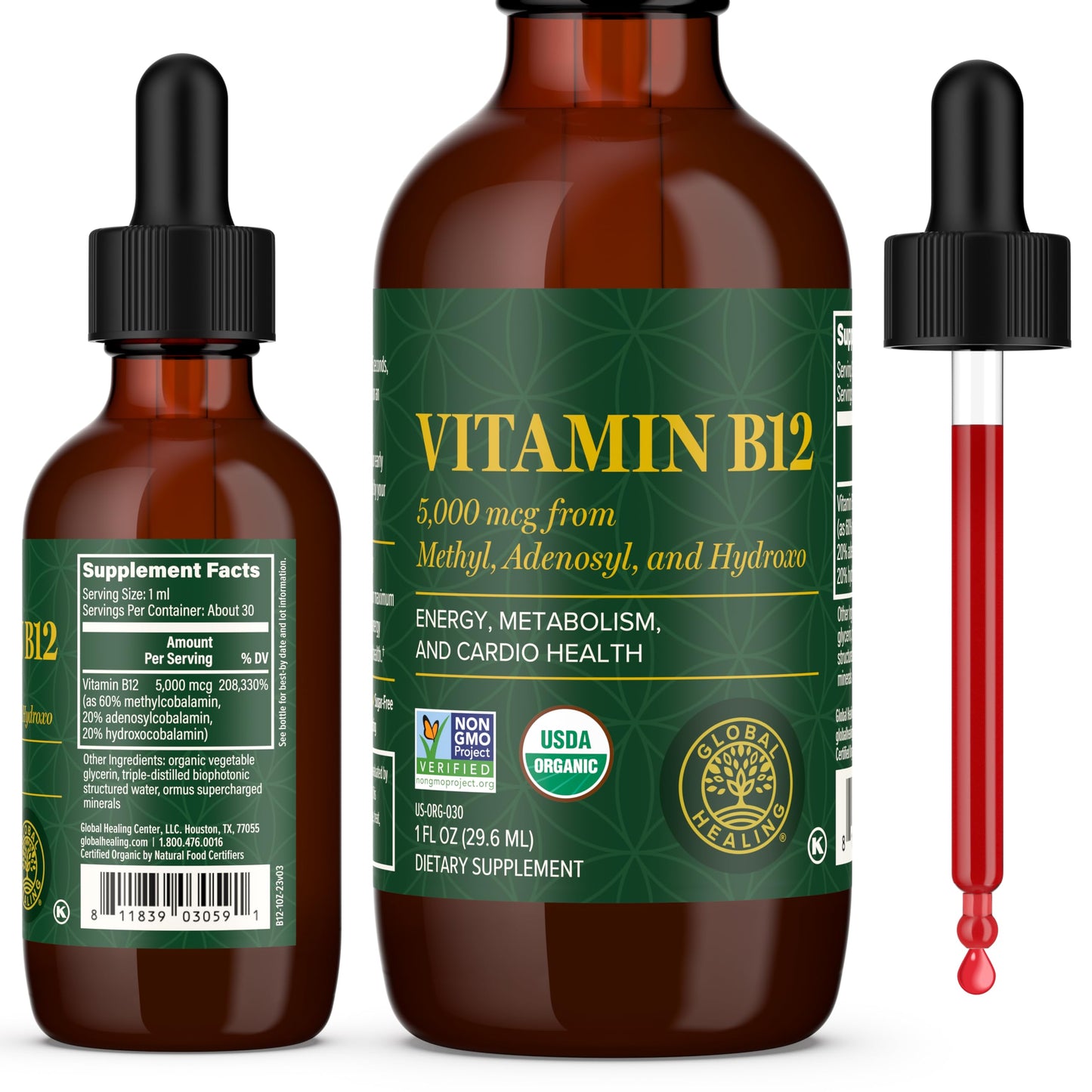 Global Healing Center - Vitamin B12 Sublingual 5000 MCG Organic Liquid Supplement, Methylcobalamin, Adenosylcobalamin, Hydroxo Long-Lasting Energy
