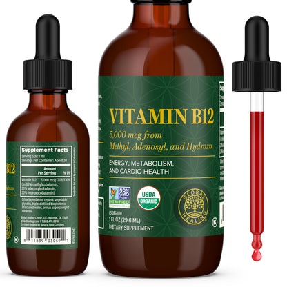 Global Healing Center - Vitamin B12 Sublingual 5000 MCG Organic Liquid Supplement, Methylcobalamin, Adenosylcobalamin, Hydroxo Long-Lasting Energy