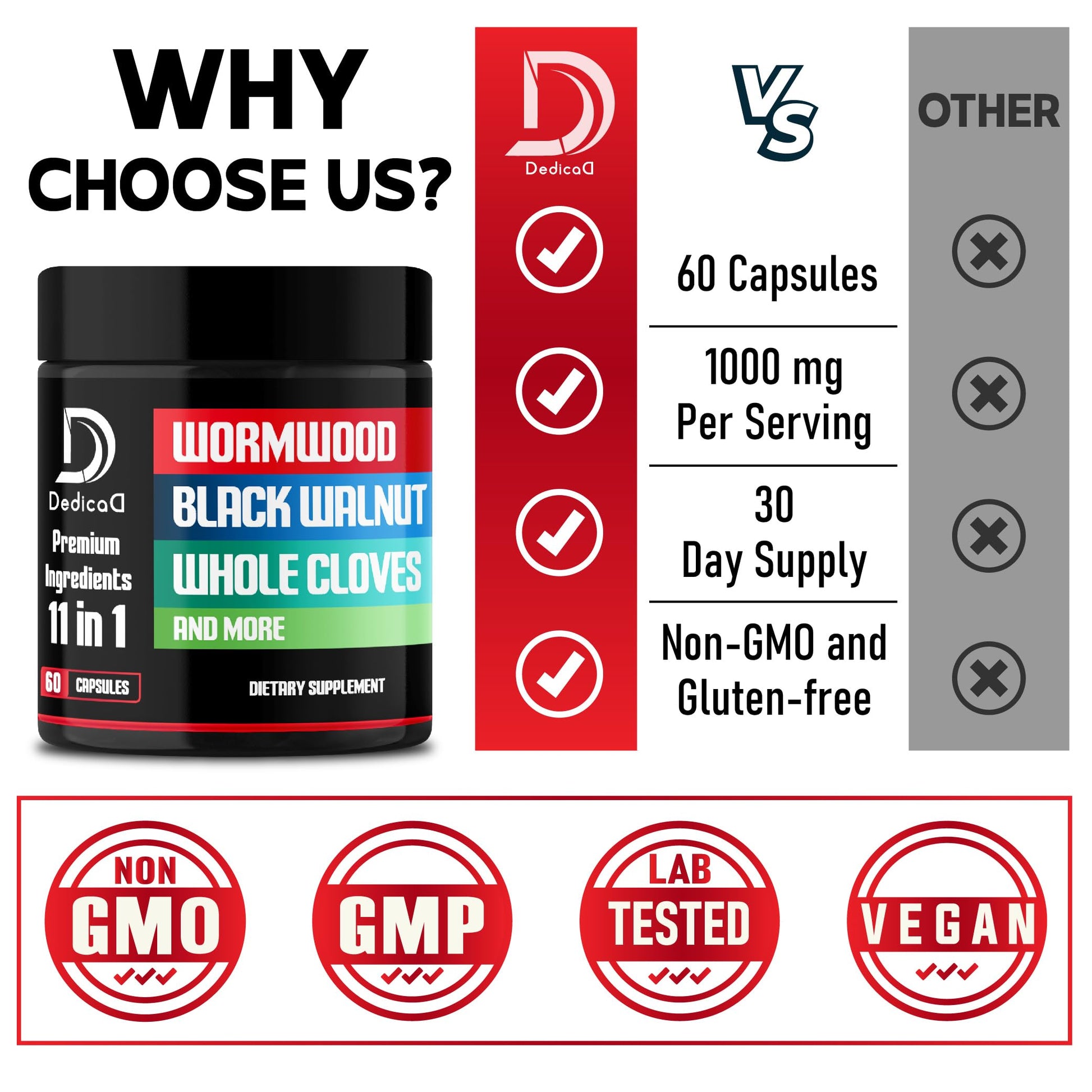 DEDICAD Wormwood Capsules Supplement - Extracted from Black Walnut, Cloves, Turmeric, Apple, Berberine HCl & More - 11 Ingredients Combined for Immune System, Body Management - 60 Capsules DEDICAD buy supplements Au