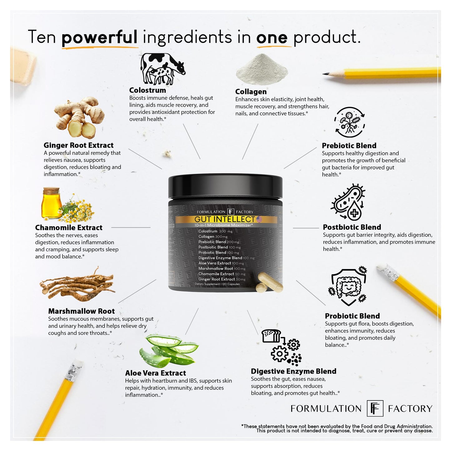 Formulation Factory Probiotics for Women & Men - Gut Intellect 10-in-1 Digestive Enzymes with Prebiotics and Postbiotics - Total Gut Health Supplement - 120 Capsules, 2 Month Supply Formulation Factory buy supplements Au
