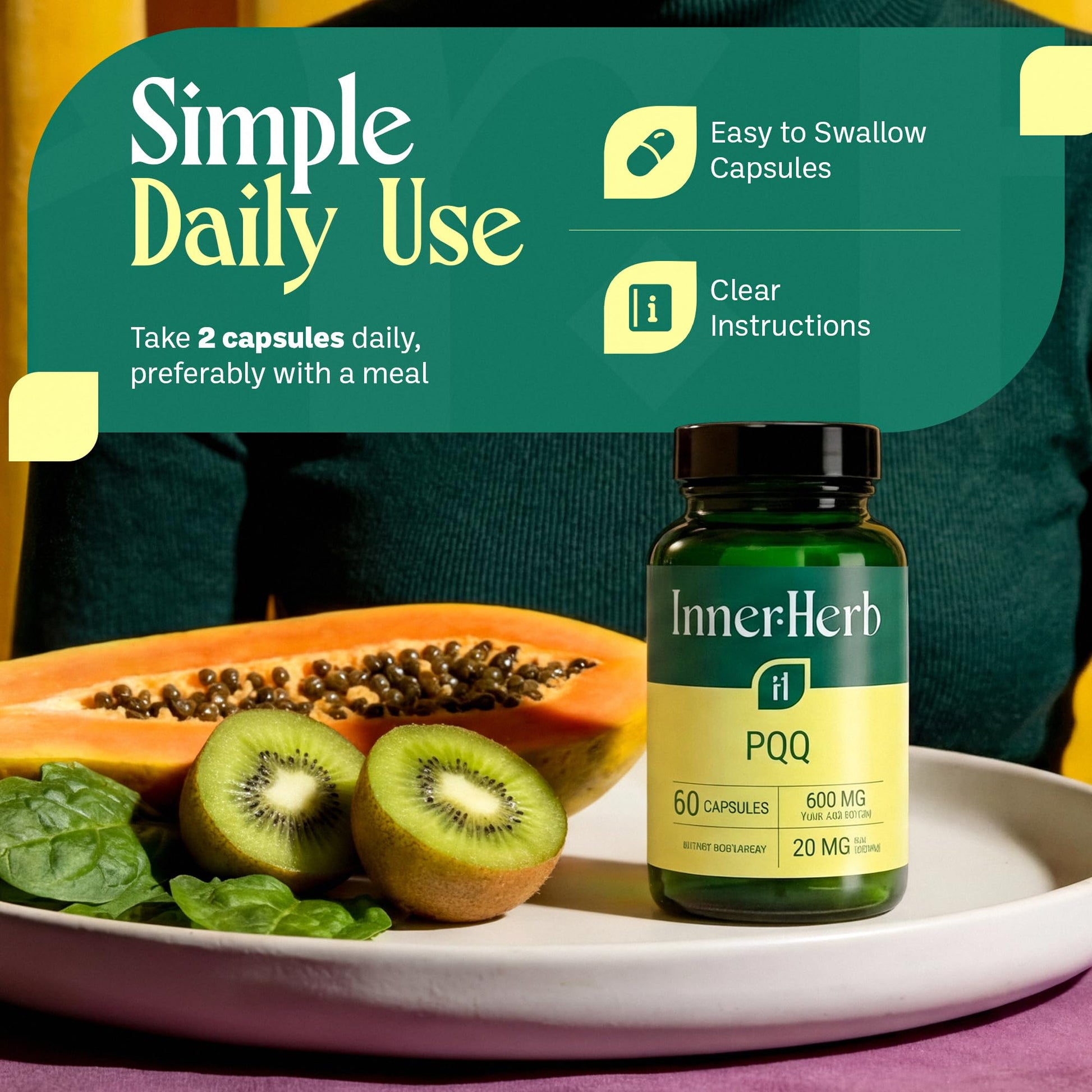 InnerHerb Pyrroloquinoline Quinone PQQ Daily Capsule - Supplement for Adults (60 Capsules, 30 Servings) (20mg Per Serving) InnerHerb buy supplements Au