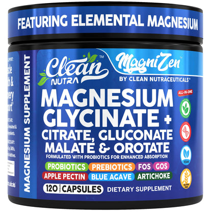 Supplement container labeled 'Clean Nutra MagniZen' with blue and white design.
