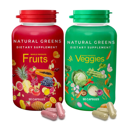 Fruits and Veggies Whole Produce Dietary Supplement with Superfood Fruits and Vegetables for Men, Women and Kids, 90 Fruit Capsules, 90 Veggie Capsules - 1 Set NATURAL GREENSBuy Supplements Australia
