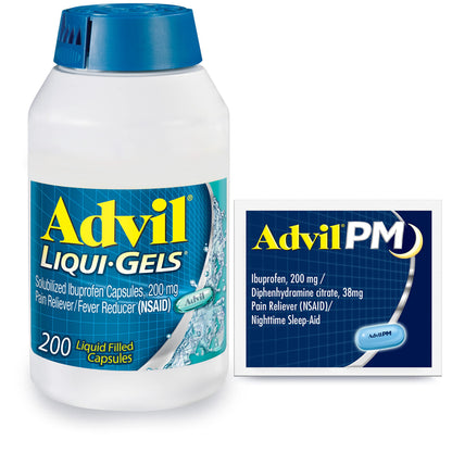 Advil Liqui-Gels Pain Reliever and Fever Reducer, Pain Medicine for Adults with Ibuprofen 200mg for Headache, Backache, Menstrual Pain and Joint Pain Relief - 200 Capsules, Advil PM Ibuprofen - 2 Ct Advil buy supplements Au