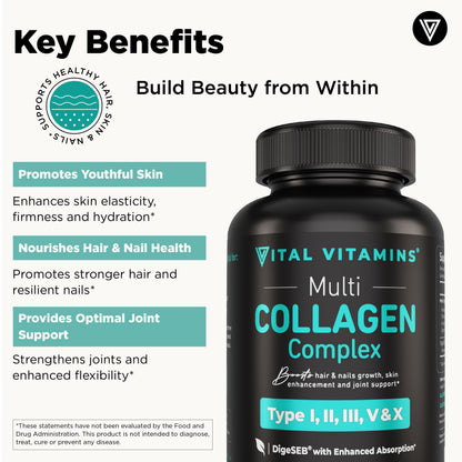 Vital Vitamins Multi Collagen Pills for Women & Men (2-Pack) - Hydrolyzed Collagen Peptides - Type I, II, III, V, X - Grass Fed, Non-GMO Vital Vitamins buy supplements Au