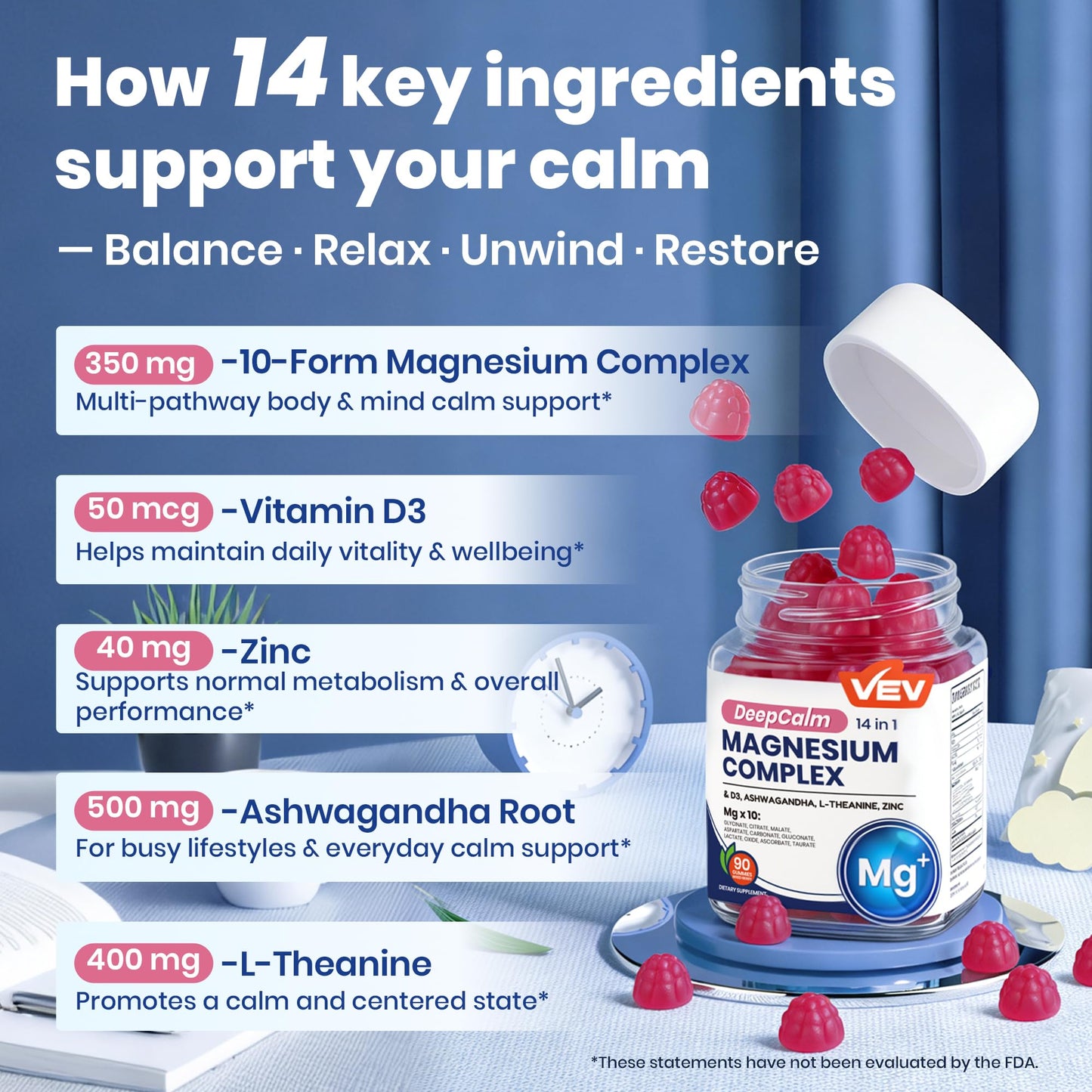 VEV Deep Calm Magnesium Complex 14-in-1 Gummies – 90 Count (Pack of 1) – with D3, Ashwagandha, L-theanine, Zinc – Magnesium Complex for Women and Men – No Added Sugar Vegan Magnesium Glycinate Gummies VEV buy supplements Au