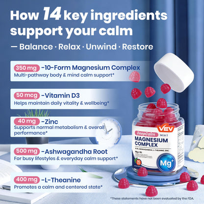 VEV Deep Calm Magnesium Complex 14-in-1 Gummies – 90 Count (Pack of 1) – with D3, Ashwagandha, L-theanine, Zinc – Magnesium Complex for Women and Men – No Added Sugar Vegan Magnesium Glycinate Gummies VEV buy supplements Au