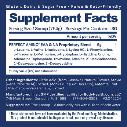 BodyHealth PerfectAmino Powder - EAA Powder for Pre and Post Workout - Amino Acid Energy Drink for Men and Women to Support Lean Muscle and Recovery -