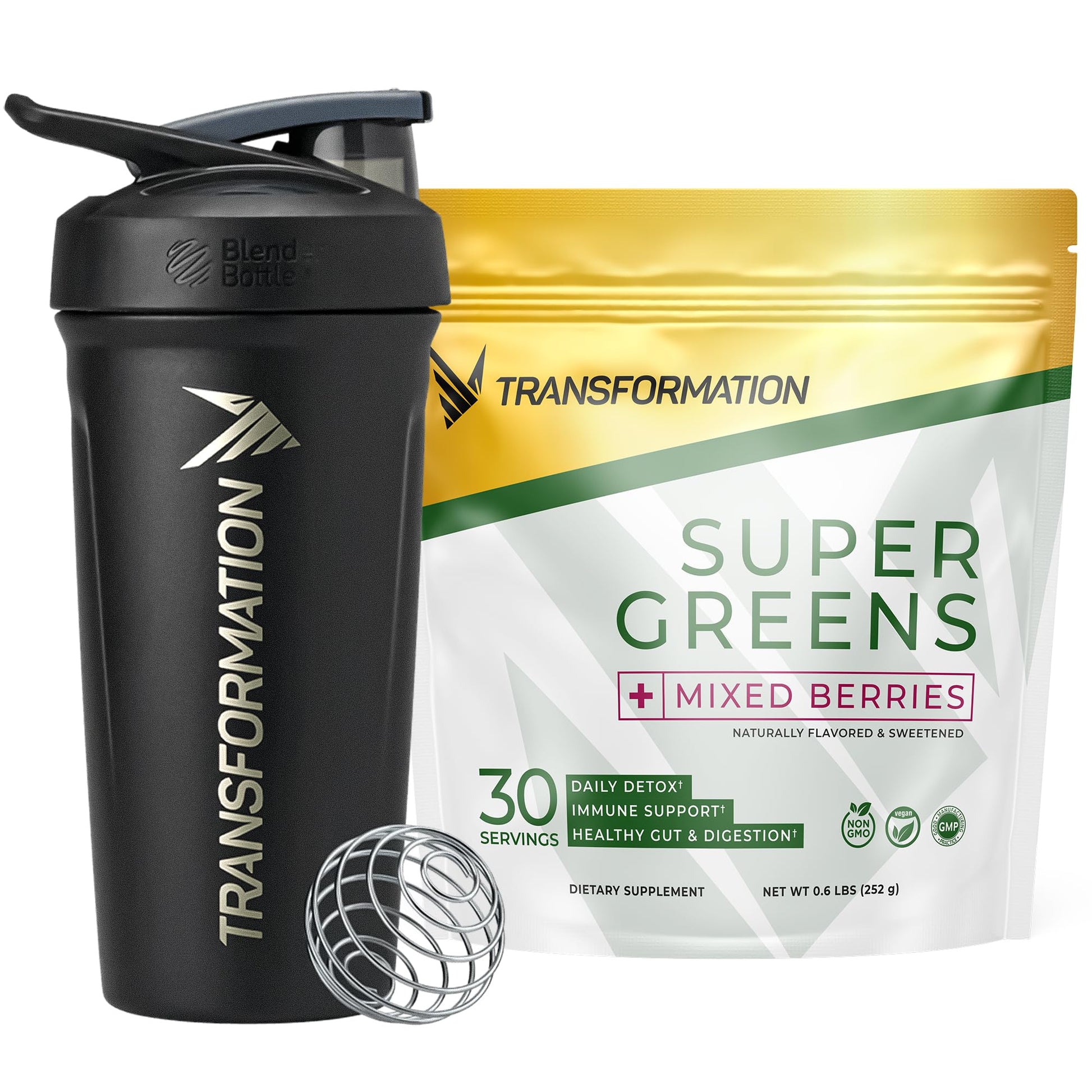 Black shaker bottle and Transformation Super Greens package on a white background