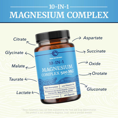 10 in 1 Magnesium Complex Supplement 500MG | Magnesium Citrate, Mag Glycinate, Malate & More | High Absorption Mag Complex with Vitamin B6 | Bone, Muscle & Heart Health Support | Non-GMO | 60 Ct. Nobi Nutrition buy supplements Au