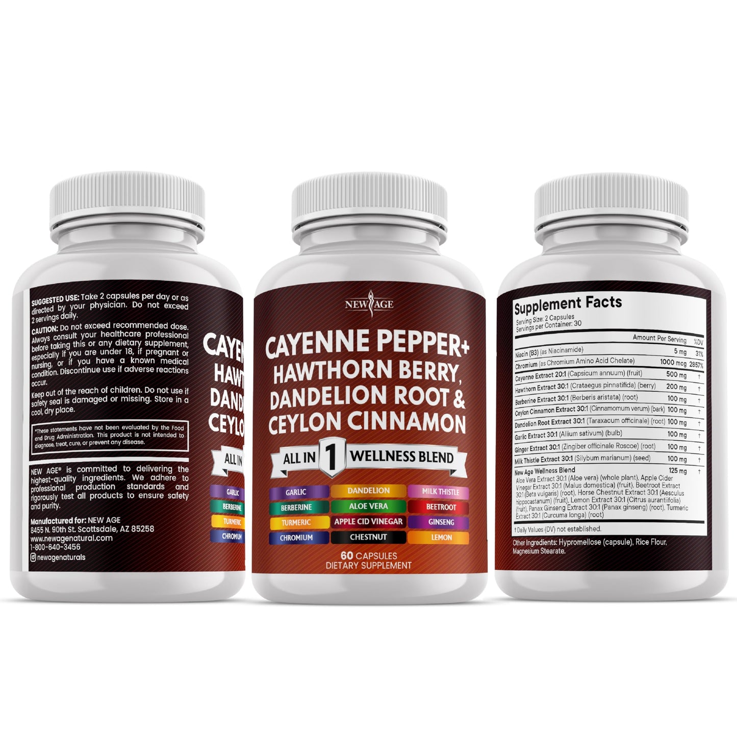 NEW AGE Cayenne Pepper Capsules Supplement with Hawthorn Berry, Dandelion Root, Ceylon Cinnamon, Garlic, Ginger, ACV, Milk Thistle, Beet Root, Aloe Vera - 120 Count NEW AGE buy supplements Au
