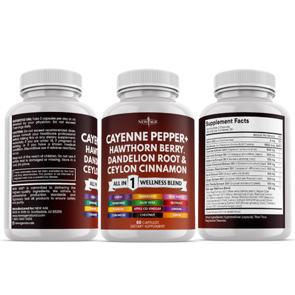 NEW AGE Cayenne Pepper Capsules Supplement with Hawthorn Berry, Dandelion Root, Ceylon Cinnamon, Garlic, Ginger, ACV, Milk Thistle, Beet Root, Aloe Vera - 120 Count NEW AGE buy supplements Au