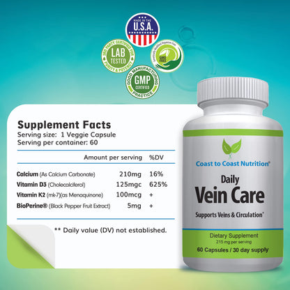 Coast to Coast Nutrition Daily Vein Care Supplement Capsules — Circulation Formula with a Natural Blend of Calcium, Vitamin D3, Vitamin K2 Plus BioPerine for Max Absorption Vein Formula — 60 Capsules Coast to Coast NutritionBuy Supplements Australia