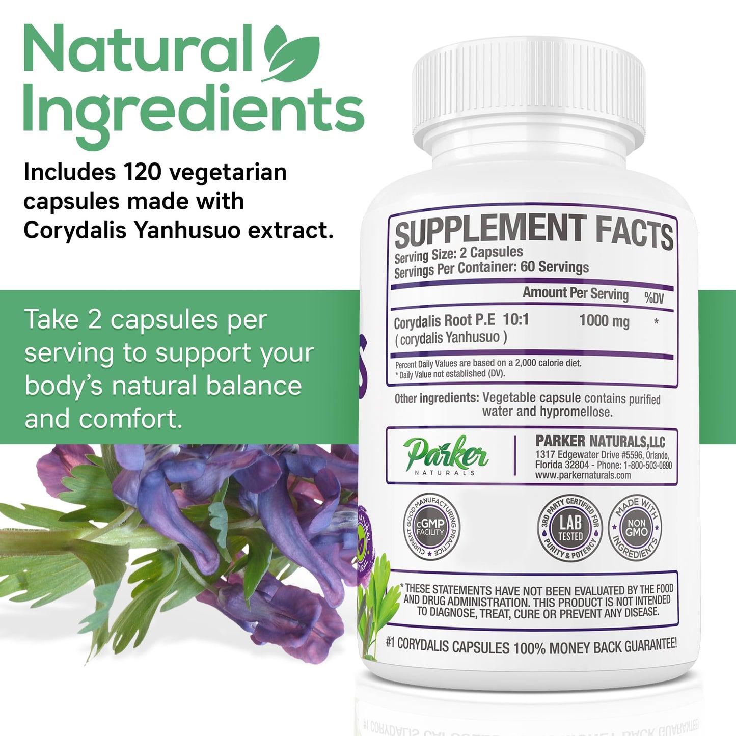 Pure Corydalis Root Extract Capsule - 1000mg Strength, 10:1 Corydalis Yanhusuo Extract, Natural Relief, Long Lasting, 100% Vegetarian, 60 Servings, 120 Count Parker NaturalsBuy Supplements Australia