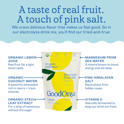 GOODONYA Organic Hydration Electrolyte Drink Mix, Certified Organic Hydration Powder, Non-GMO, Biochecked Glyphosate Free, Low Sugar, Lemonade Flavor,