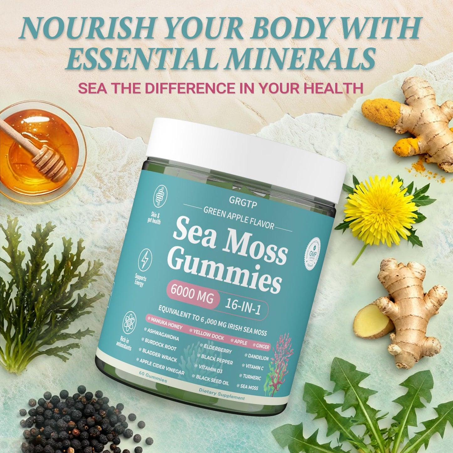 Sea Moss Gummies 16-in-1 - Ashwagandha Black Seed Oil Bladder Wrack Turmeric Vitamin C & D3 with Manuka Burdock Root Dandelion Yellow Dock Natural Detox & Liver Health Immune Support, Energy Boost GRGTPBuy Supplements Australia