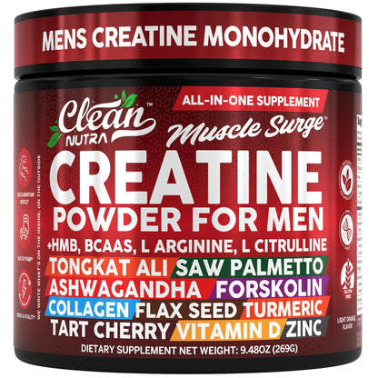 Clean Nutra Creatine Powder for Men + HMB BCAA L Arginine L Citrulline Tongkat Ali Saw Palmetto Ashwagandha Collagen Flax Seed Turmeric Preworkout Stevia