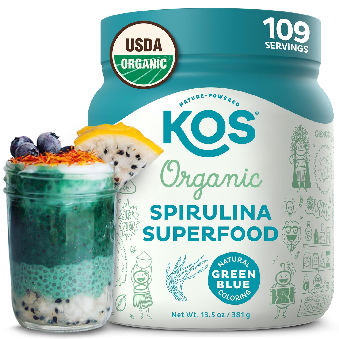 KOS Organic Spirulina Powder - USDA Certified Organic, 109 Servings of Superfood Powder for Smoothies & Juices, Non-Irradiated Blue Green Algae, Plant Based with Antioxidants, Vegan (13.5oz) KOS buy supplements Au