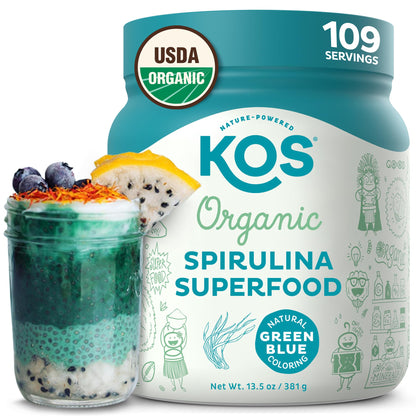 KOS Organic Spirulina Powder - USDA Certified Organic, 109 Servings of Superfood Powder for Smoothies & Juices, Non-Irradiated Blue Green Algae, Plant Based with Antioxidants, Vegan (13.5oz) KOS buy supplements Au