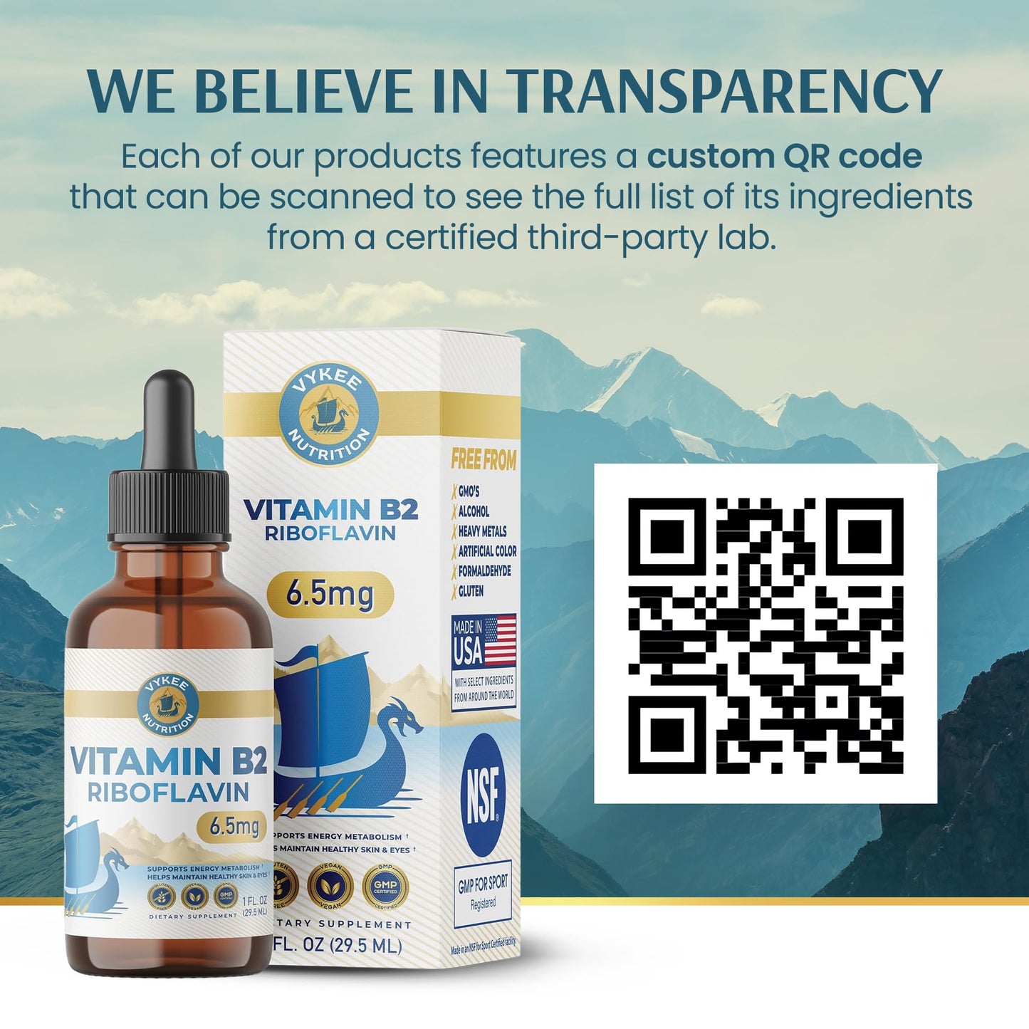 Vykee Nutrition Vitamin B2 Riboflavin Drops - Liquid B2 Supplement for Energy Metabolism, Cellular Function and Vision Support - Vegan, Non-GMO, Gluten-Free
