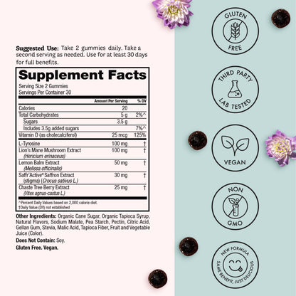 Winged Wellness Happy Her Mood Gummies - Daily Mood Enhancer Support Supplement for Women - Vitamin D with Saffron, Lemon Balm, & Lions Mane Mushrooms for Balance & Calming Relief - 50 Vegan Gummies Winged buy supplements Au