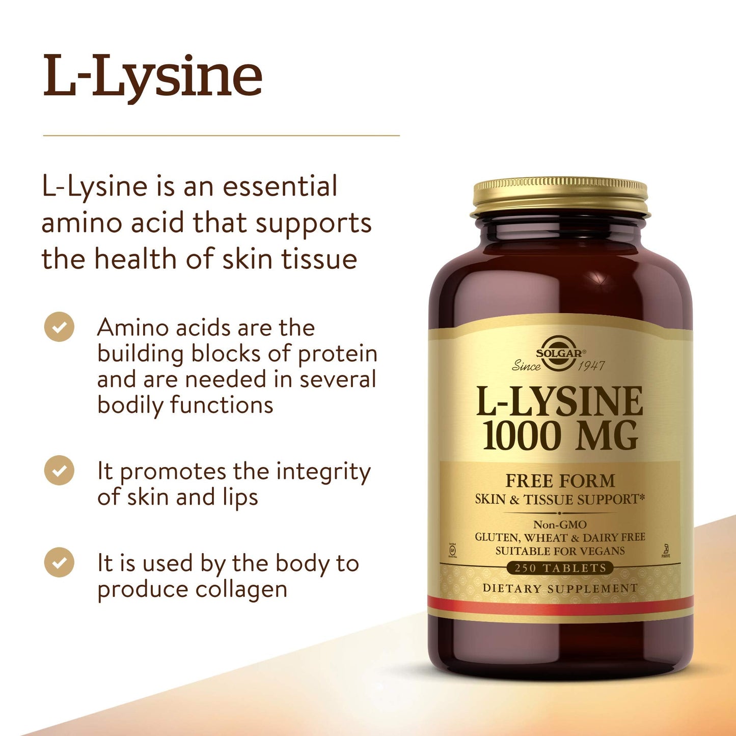 Solgar L-Lysine 1000 mg, 250 Tablets - Enhanced Absorption and Assimilation - Promotes Integrity of Skin and Lips - Collagen Support - Amino Acids