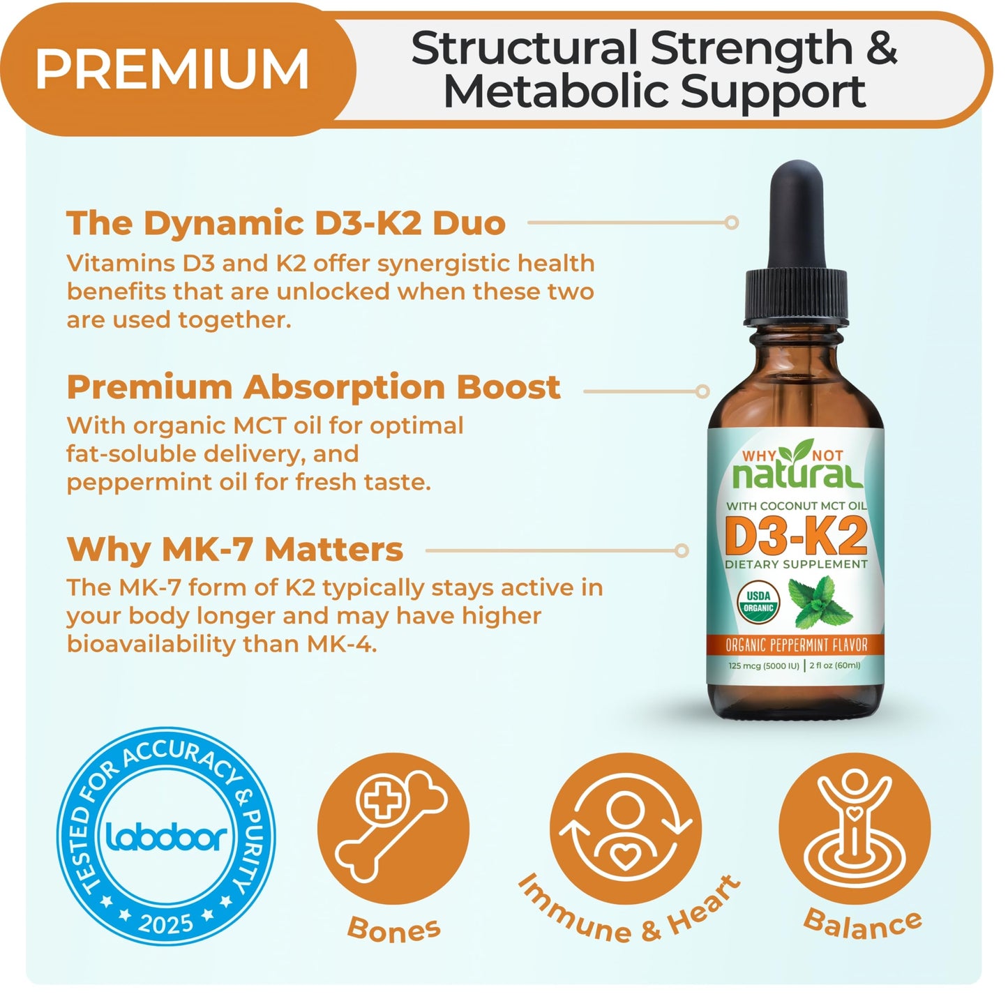 Why Not Natural Organic Vitamin D3 K2 (MK-7) Liquid Drops, 5000 IU of sublingual D3 with Coconut MCT Oil