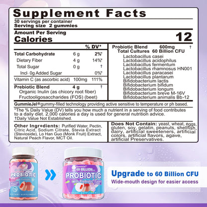Probiotic Gummies 60 Billion CFU for Women Men & Kids, 11 Strains Probiotics + Organic Prebiotics Fiber for Immune, Digestive Health, Supports Constipation,