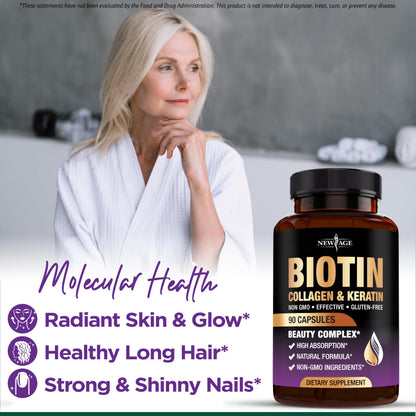 NEW AGE Biotin Collagen Keratin Hyaluronic Acid - 50,000mcg Hair Growth Vitamins for Men and Women, Nails, Hair, Skin Vitamins and DHT Blocker with Vitamin E Folic