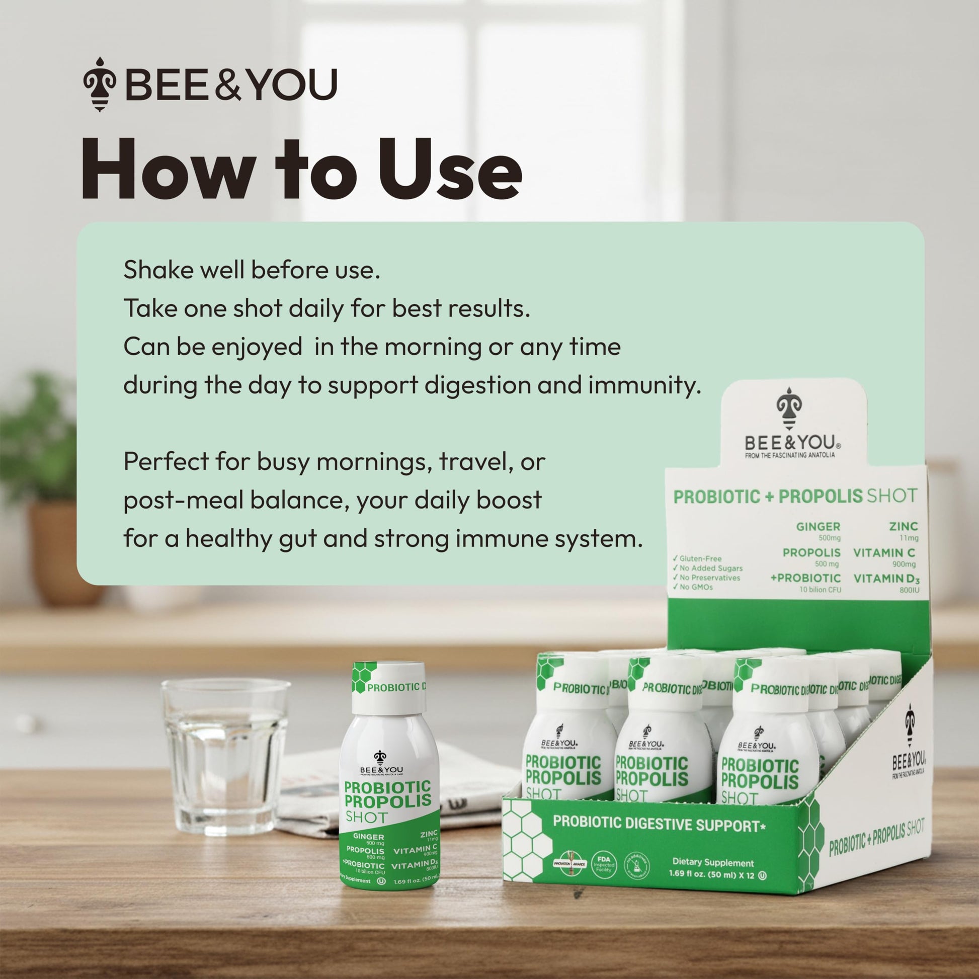 Bee and You Propolis Immune Shot, Probiotic, Vitamin C, Vitamin D3, Zinc, Ginger, Immune Support, Gut Health, Digestive Health, Bioactive 1.69 Fl. oz, 12 Pack BEE & YOU buy supplements Au