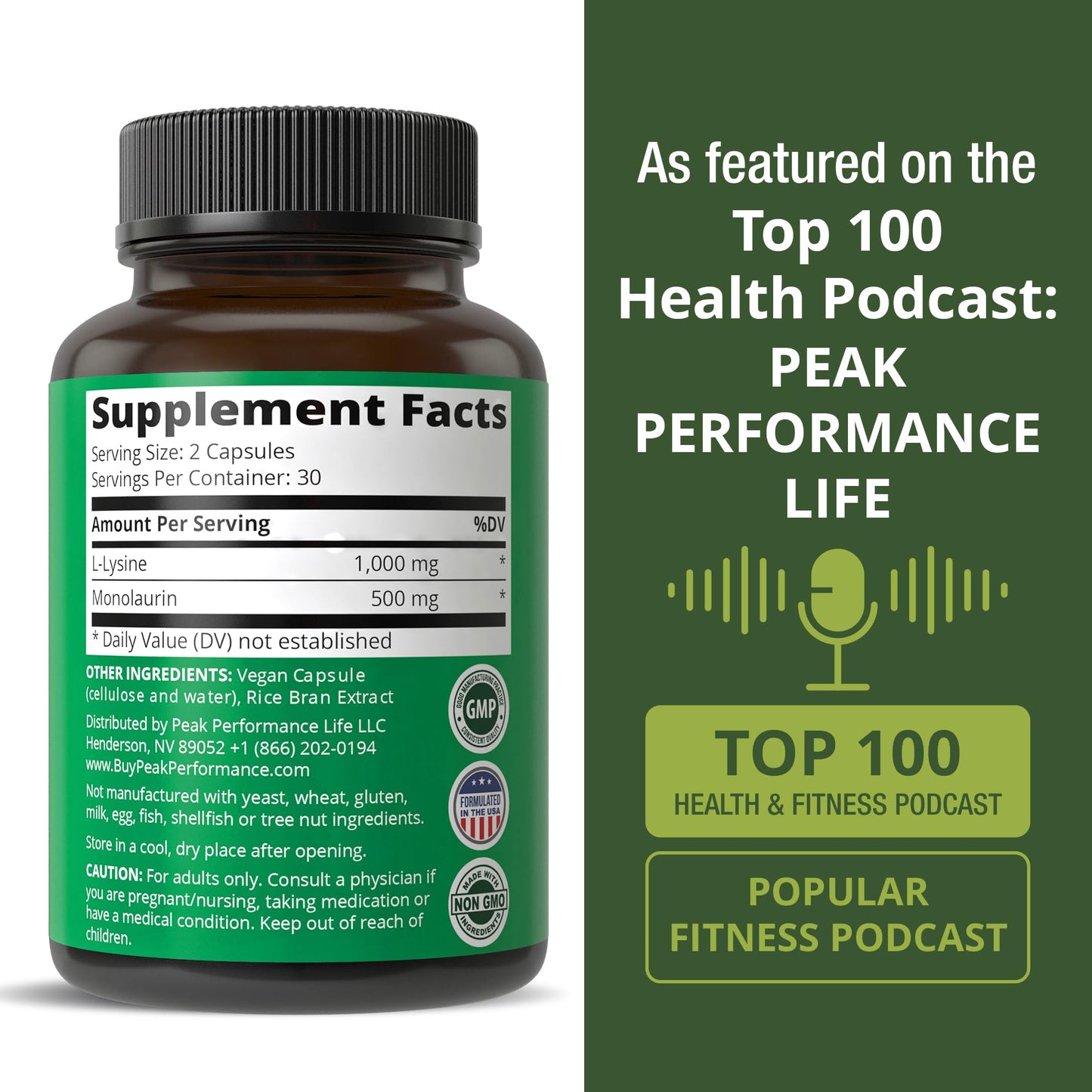 Peak Performance L Lysine 1000mg + Monolaurin 500mg High Potency Supplement for Lips, Skin, & Immune Support - L-Lysine 2-in-1 Bioavailable Supplements