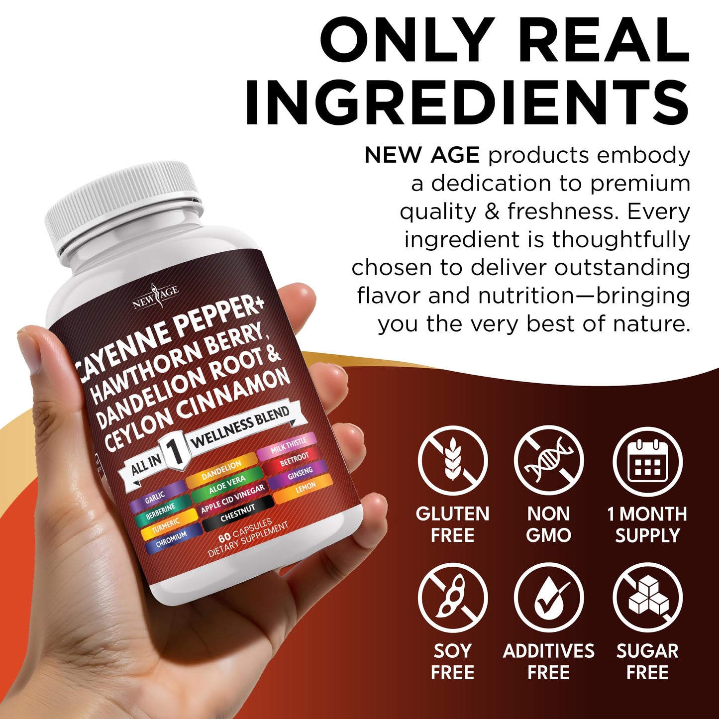 NEW AGE Cayenne Pepper Capsules Supplement with Hawthorn Berry, Dandelion Root, Ceylon Cinnamon, Garlic, Ginger, ACV, Milk Thistle, Beet Root, Aloe Vera - 120 Count NEW AGE buy supplements Au