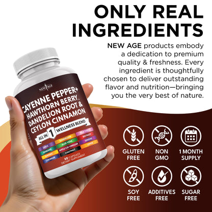 NEW AGE Cayenne Pepper Capsules Supplement with Hawthorn Berry, Dandelion Root, Ceylon Cinnamon, Garlic, Ginger, ACV, Milk Thistle, Beet Root, Aloe Vera - 120 Count NEW AGE buy supplements Au