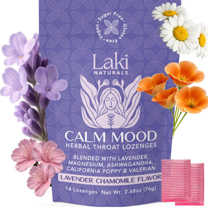 Laki Naturals Lavender Chamomile Calm Mood Functional Herbal Lozenges (14ct) Throat & Calming Hard Candies with Magnesium, Ashwagandha, California Poppy & Valerian. Vegan, Sugar Free, Gluten Free