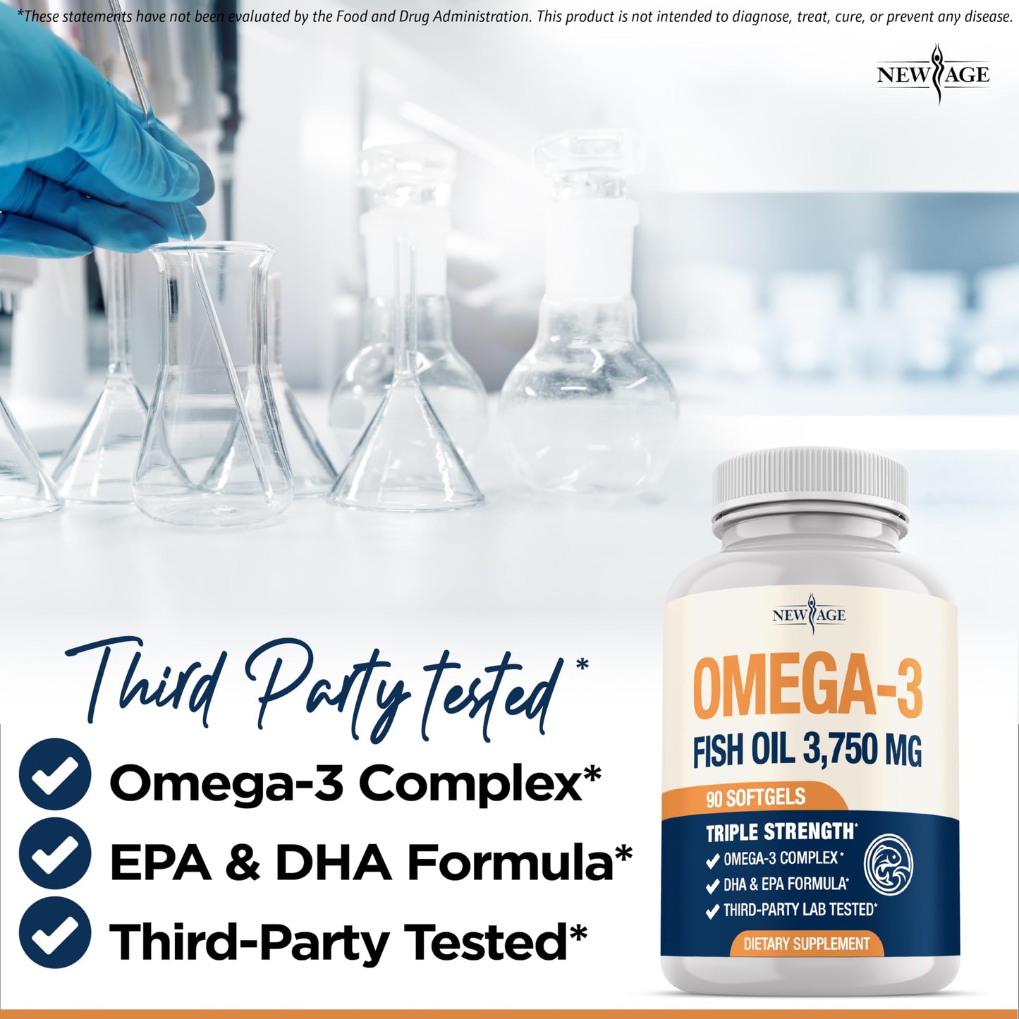 Triple Strength Omega 3 Fish Oil 3750 mg - EPA & DHA - Over 3000mg Omega-3 Fatty Acids - 1350mg EPA + 900mg DHA - Best Essential Fatty Acids, Burpless Fish Oil - 180 Count NEW AGE buy supplements Au
