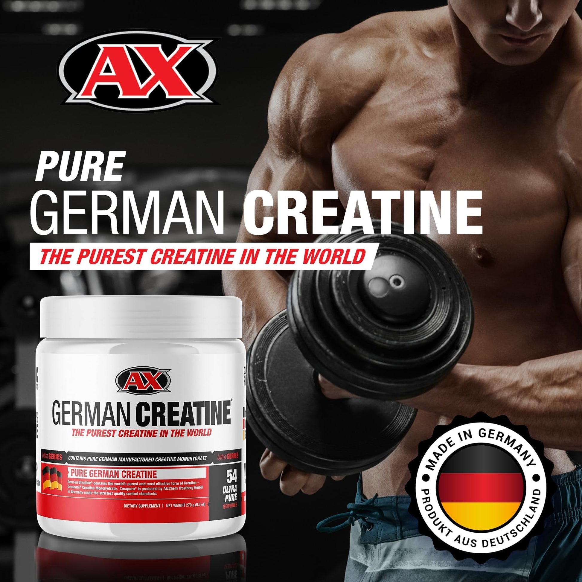 German Creatine - Micronized Creatine Monohydrate Powder, 99.99% Pure Creapure for Muscle Growth, Strength & Performance, Supports Muscle Recovery, 3rd Party Tested, Unflavored - 270g (54 Servings) German Creatine buy supplements Au