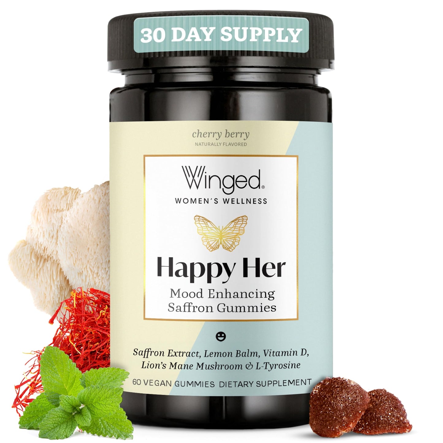 Winged Wellness Happy Her Mood Gummies - Daily Mood Enhancer Support Supplement for Women - Vitamin D with Saffron, Lemon Balm, & Lions Mane Mushrooms for Balance & Calming Relief - 50 Vegan Gummies Winged buy supplements Au