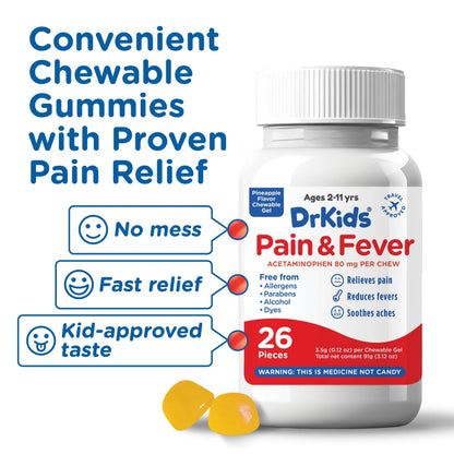 Dr. Kids Children’s Pain and Fever Chewable Gels – Pain Relief and Fever Reducer for Kids Ages 2–11, 80 mg Chewable Acetaminophen for Headache, Sore Throat, Cold & Flu, Pineapple Flavor, 26 Count Dr. KidsBuy Supplements Australia