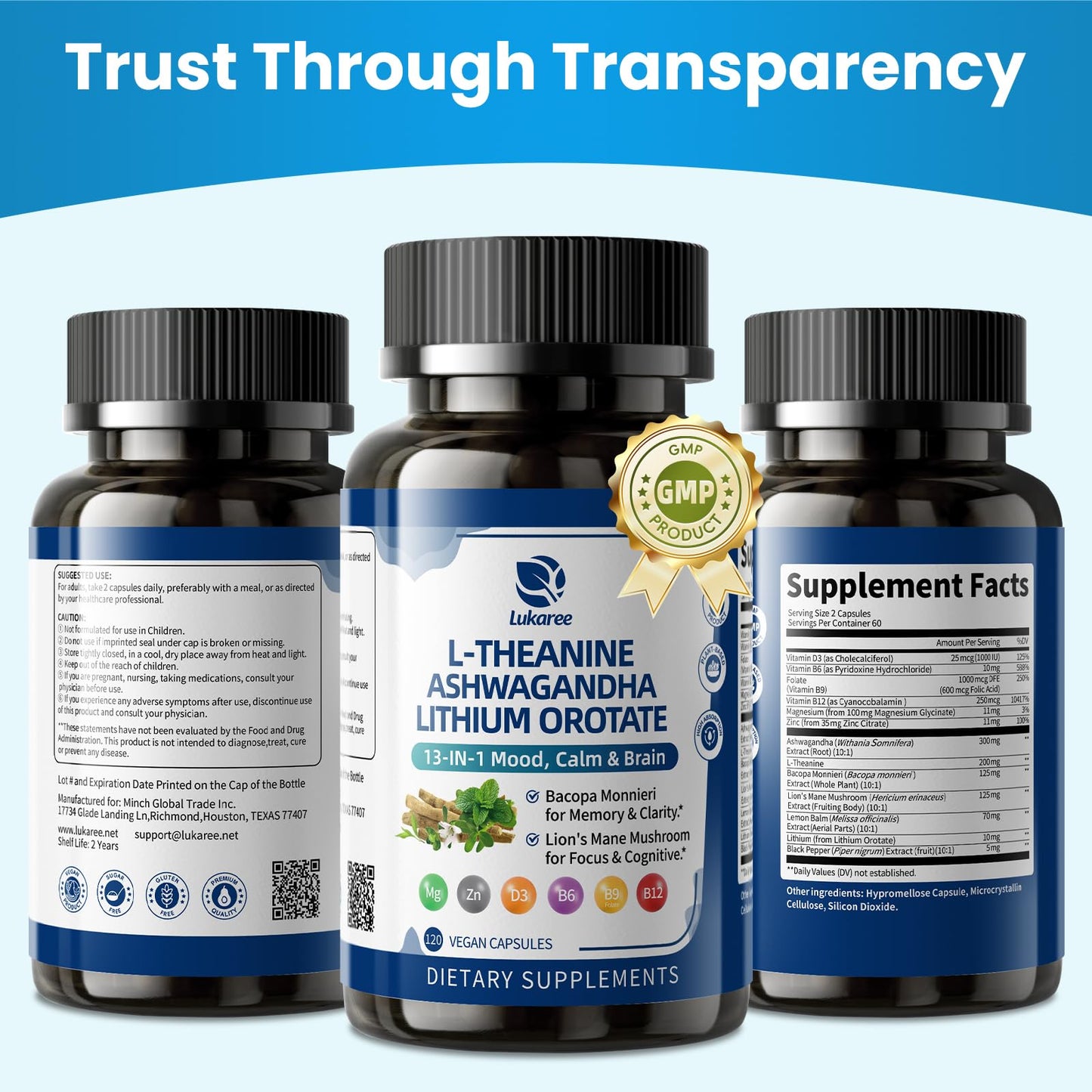Lithium Orotate 5/10mg, L-Theanine 200mg, Ashwagandha 300mg - Mood Focus Memory Brain Supplements with Bacopa Monnieri, Lion’s Mane, Magnesium, Zinc D3 B6 Folate B12