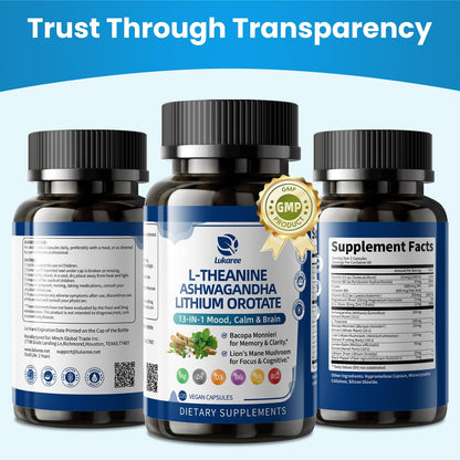 Lithium Orotate 5/10mg, L-Theanine 200mg, Ashwagandha 300mg - Mood Focus Memory Brain Supplements with Bacopa Monnieri, Lion’s Mane, Magnesium, Zinc D3 B6 Folate B12