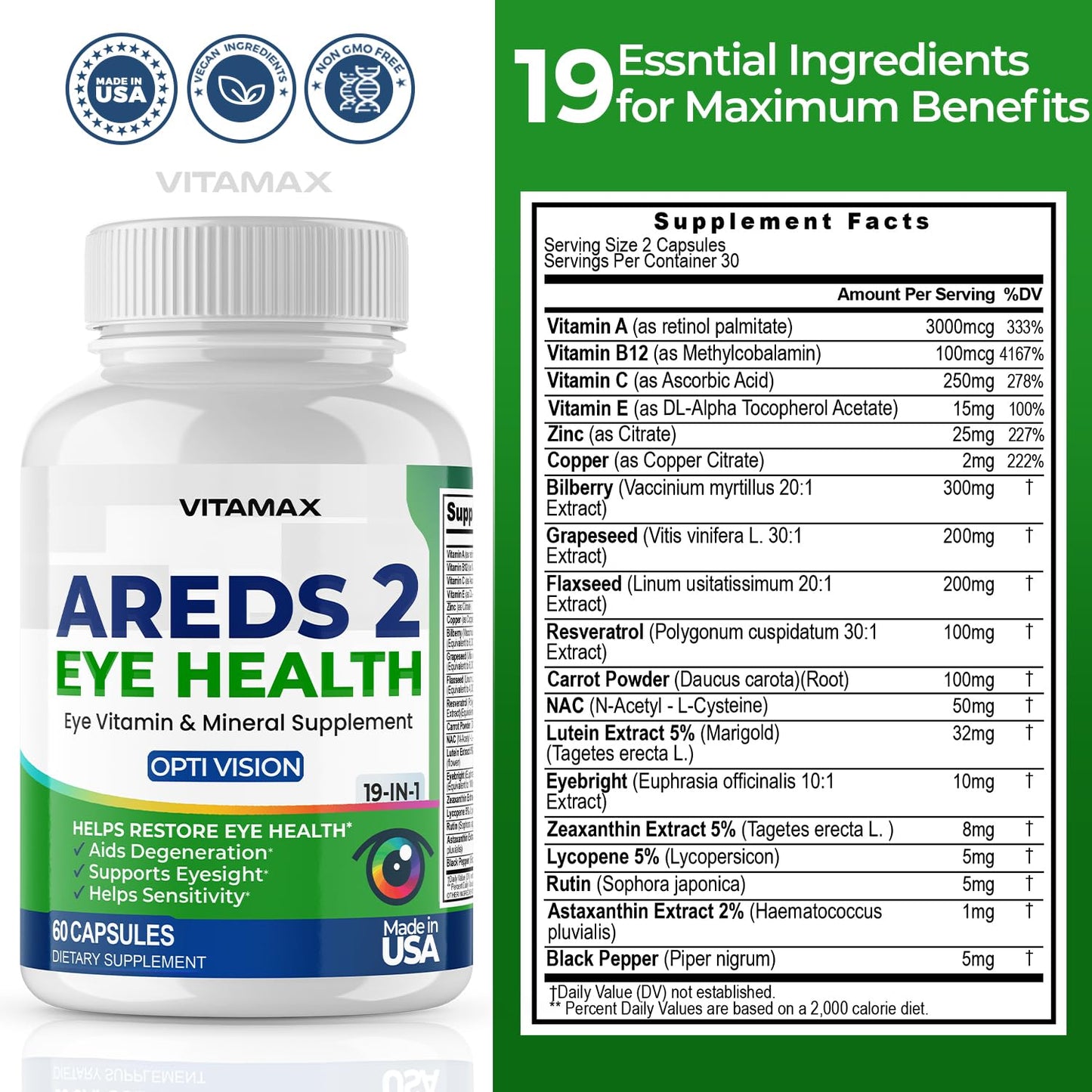 AREDS 2 Eye Vitamins - Lutein, Zeaxanthin, Bilberry, Astaxanthin Mineral Vision Supplement - Supports Eye Strain, Dry Eyes, Pressure, and Vision Health - Made in USA - 120ct VitamaxBuy Supplements Australia
