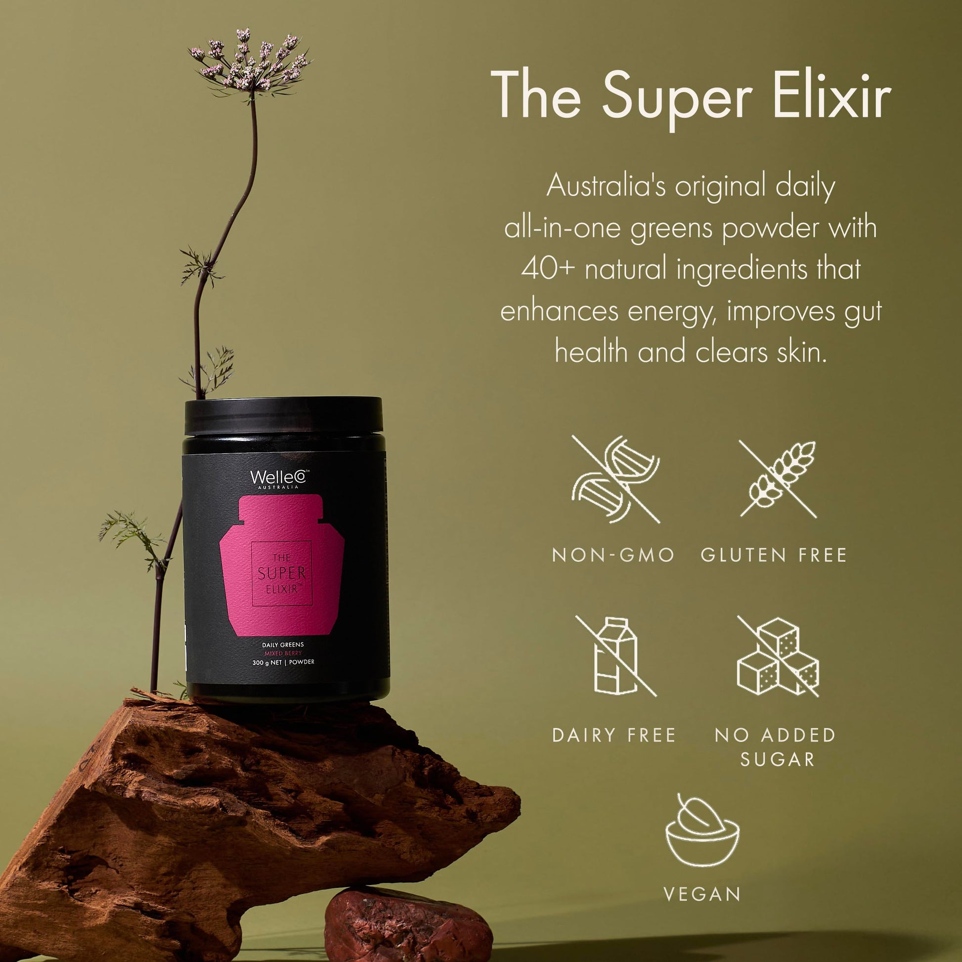 WelleCo The Super Elixir Daily Greens Powder, Probiotic Drink Mix with Whole Foods, Gluten Free, Vegan Gut Health Powder, Energy, Immunity, Healthy Skin, Hair & Nails (300g, Mixed Berry) WelleCoBuy Supplements Australia
