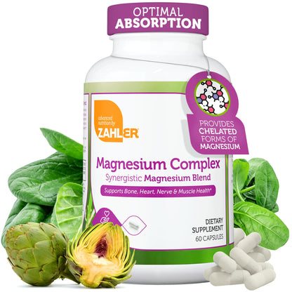 Supplement bottle labeled 'Zahler Magnesium Complex' with spinach and artichoke on a white background