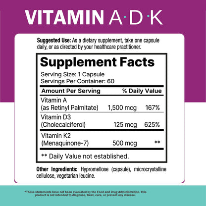 NatureGenX ADK Vitamin Supplement – Vitamins A, D3 & K2 MK-7 for Bone Health & Calcium Absorption – Gluten-Free, Non-GMO, Soy-Free