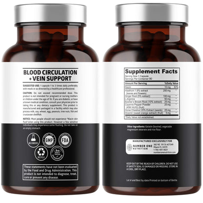 Number One Nutrition Premium Blood Circulation Supplement for Women and Men [8 Powerful Herbs & Vitamins] All Natural Blood Flow Supplement with Hawthorn, Butchers Broom and Cayenne Pepper, 90 Caps Number One NutritionBuy Supplements Australia