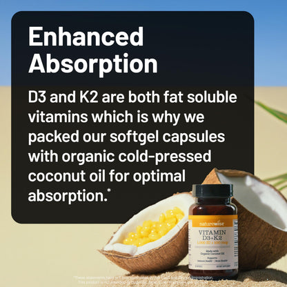 NatureWise Vitamin D3 1000IU + K2 (MK7) 100mcg with Organic Extra Virgin Coconut Oil - Supports Calcium Absorption, Bone & Immune Health - Non-GMO