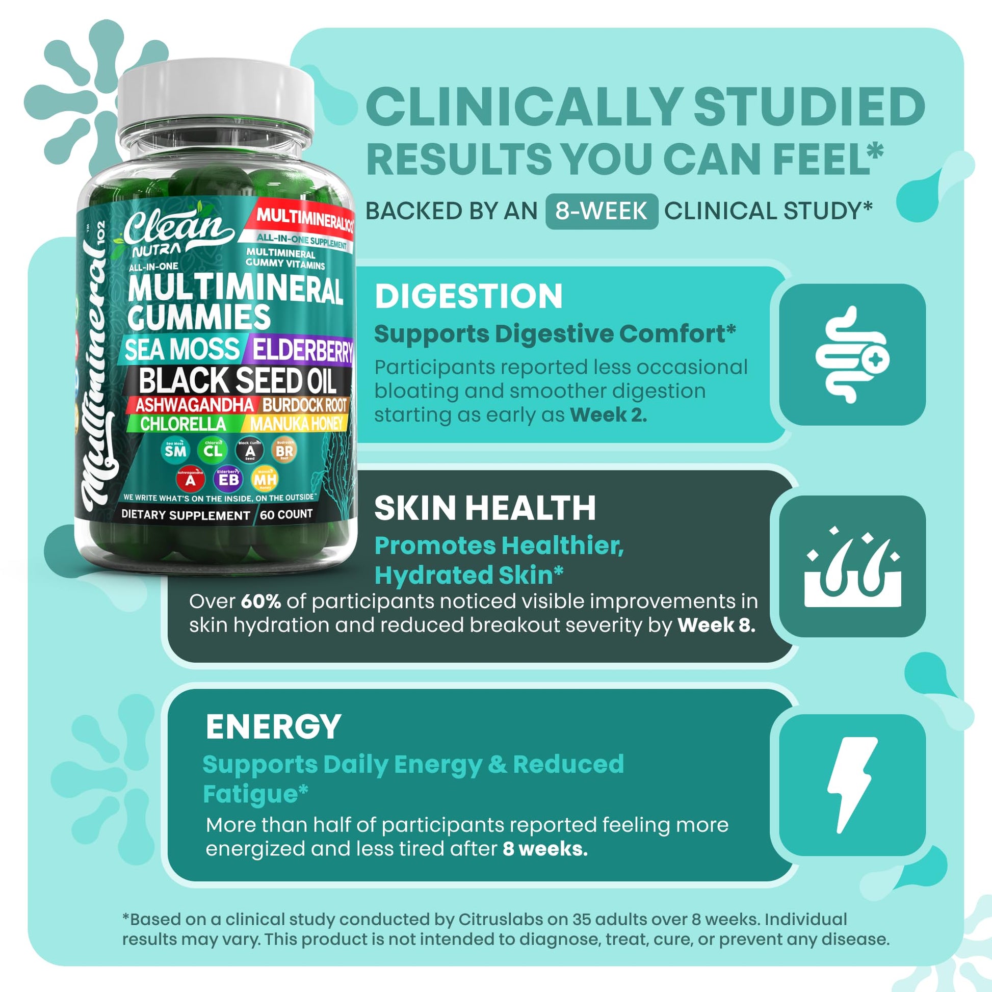 Sea Moss Gummies | Clinically Tested - Black Seed Oil Ashwagandha Elderberry Burdock Root Chlorella Manuka Honey - Vegan Irish Sea Moss Gummy Vitamins for Adults Kids Men Women - Green Apple Flavor Clean NutraceuticalsBuy Supplements Australia