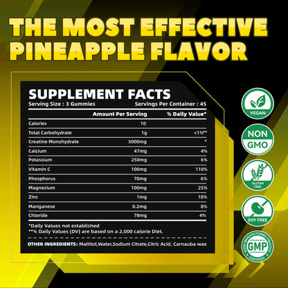GlucoBio Creatine Monohydrate Gummies (5g) – Pre-Workout Energy & Muscle Growth Support for Men & Women | Pineapple Electrolyte Gummies (135 Count)