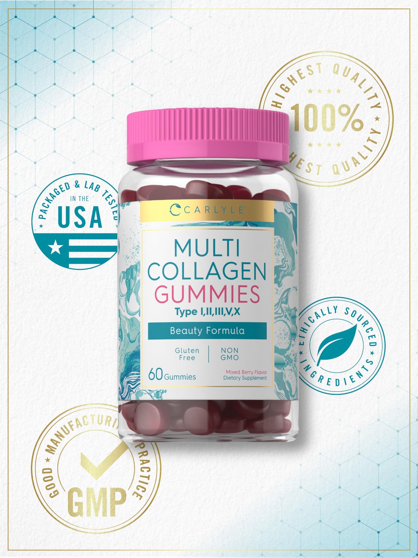 Carlyle Collagen Peptides Gummies | 60 Count | Multi Collagen Complex | Beauty Formula Supplement | Mixed Berry Flavor | Non-GMO, Gluten Free Carlyle buy supplements Au