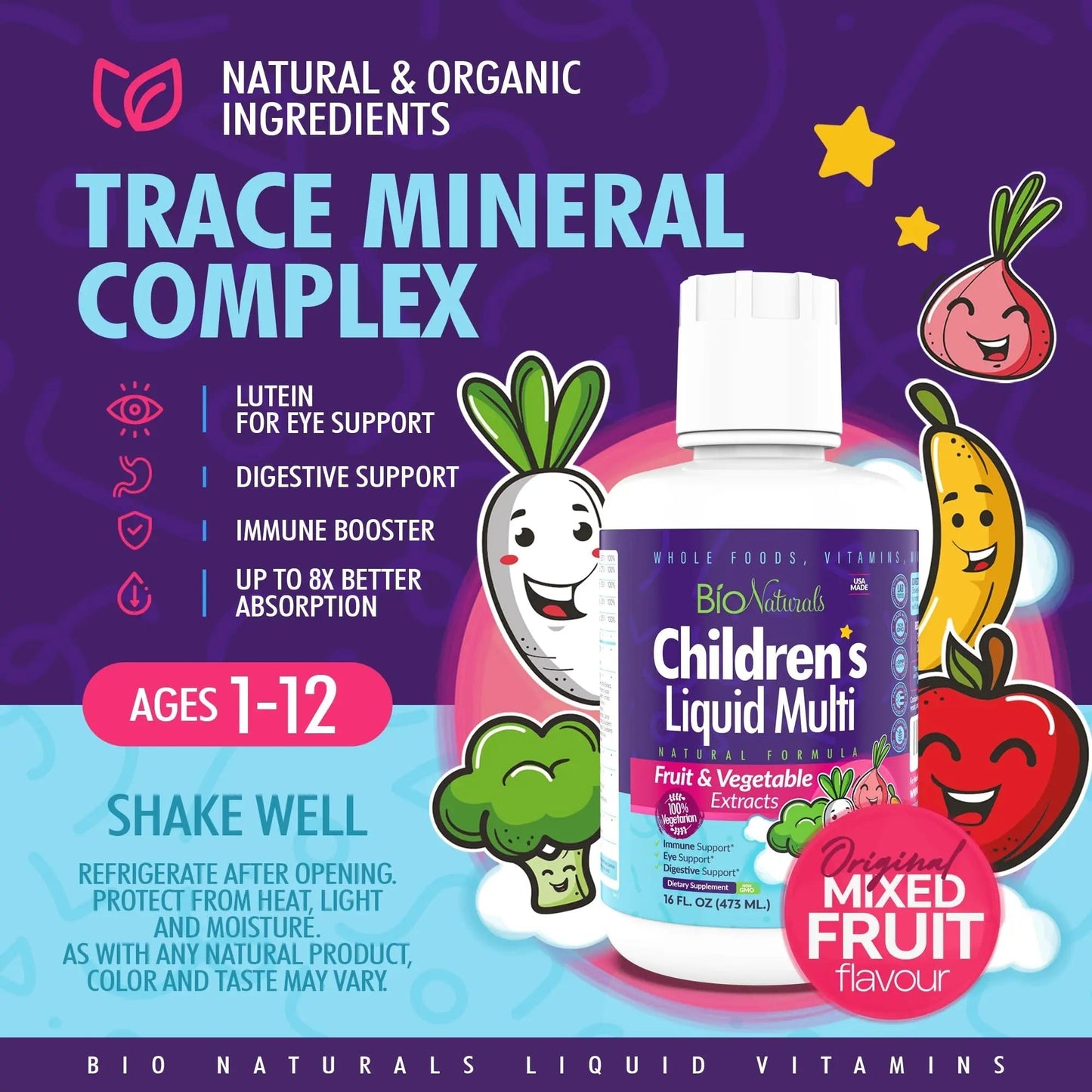 Bio Naturals Children's Liquid Multivitamin & Immune Booster - Natural Supplement for Kids & Toddlers with Vitamins A B C D3 E, Fiber Bio Naturals